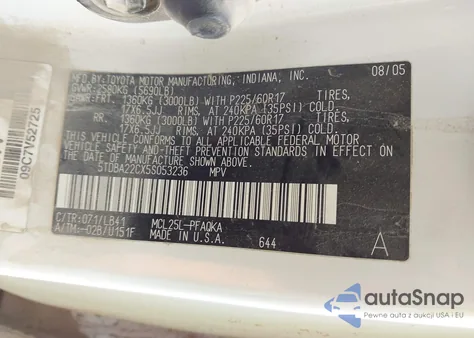 2005 Toyota Sienna Xle Limited z USA, uszkodzony, nr VIN 5TDBA22CX5S053236